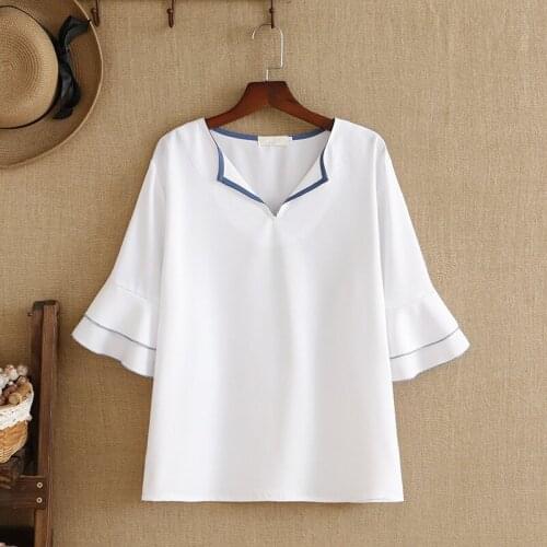Plus Size Tops For Women Chiffon Button-Down Shirt Flounce Cuff Middle Sleeve Extra Large Size For Fatlady Wear In Summer
