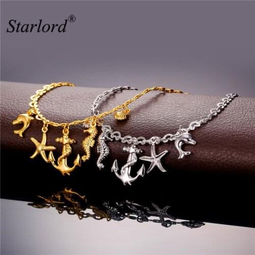 Starlord Foot Jewelry Anklet Starfish&Dolphin Summer Jewelry Ocean Cute Yellow Gold/Silver Color Ankle Bracelet On A Leg A939