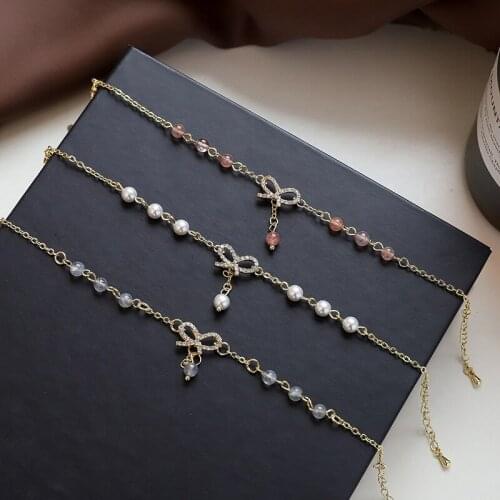 Synthetic Beads Charm Bracelet Bow-knot Pendant Metal Chain Link Adjustable Bangle For Women Girl Jewelry Accessories Bijoux