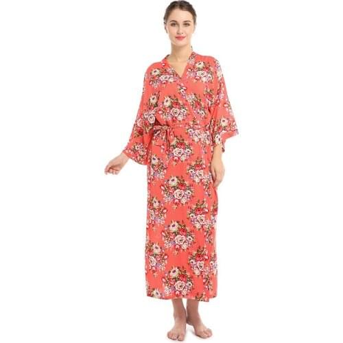Long Pink Sleepwear Intimate Lingerie Femal Print Flower Robe Casual Cotton Kimono Bathrobe Gown Nightwear Women Home Clothing
