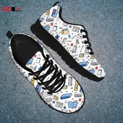 KUILIU Stationery Sketch Graffiti Shoes Women Flats Sneakers Brand Designer Air Mesh Female Outdoor Sport Shoes Running Platform