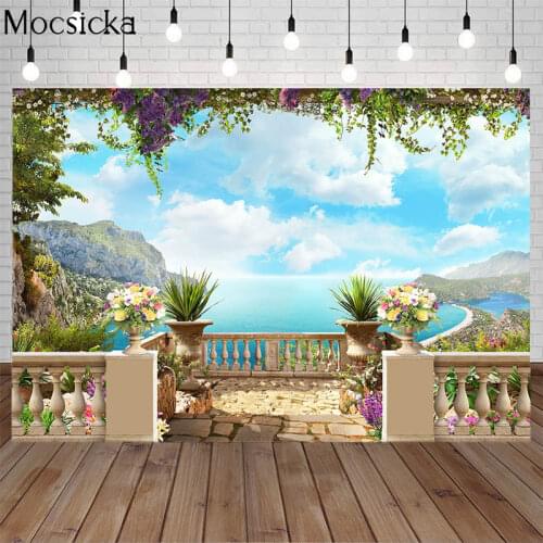 Summer Beach Backdrops Natural Scenery Sea Balcony Fence Floral Wedding Photography Background Wallpaper Props Photo Studio