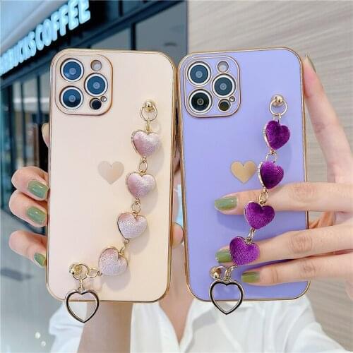 Fashion Case For iPhone 11 12 Pro Max Plating Plush Love Heart Chain Phone Cover 7 8 Plus Mini XR XS X SE2020 Camera Protection