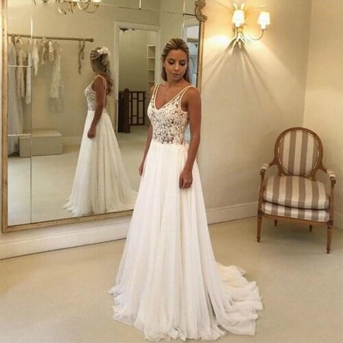 MYYBLE Deep V-Neck Lace Appliques A-Line Wedding Dresses Sexy Backless Chiffon Long Bridal Gowns 2021 Empire Wedding Dress