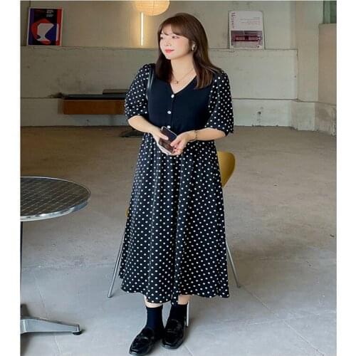2021 New Plus Size WomenS Polka Dot Stitching Sweet And Spicy Style Dress Female Fat And Thin Knit Skirt Korean Version