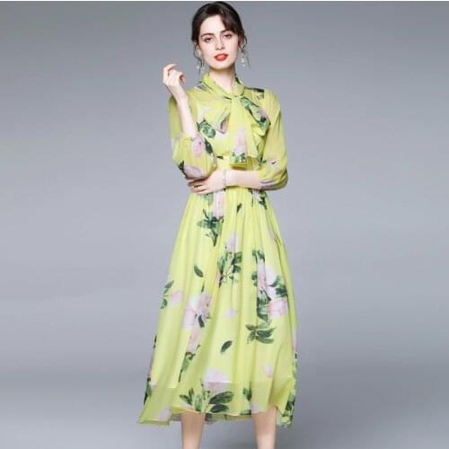 New Women Chiffon Dress Summer 2021 Fashion Floral Print Empire Waist Cool Flowy Chiffon Long Dress Holiday Style Beach Dress