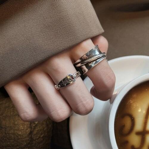 VENTFILLE 925 Sterling Silver Retro Trend English Letters Irregular Opening Adjustable Ring