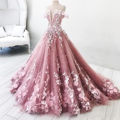 Luxury Off Shoulder Dusty Pink Wedding Dress A Line 2020 Appliques Lace Beads Feather Bridal Gowns Bride Vestidos De Novia
