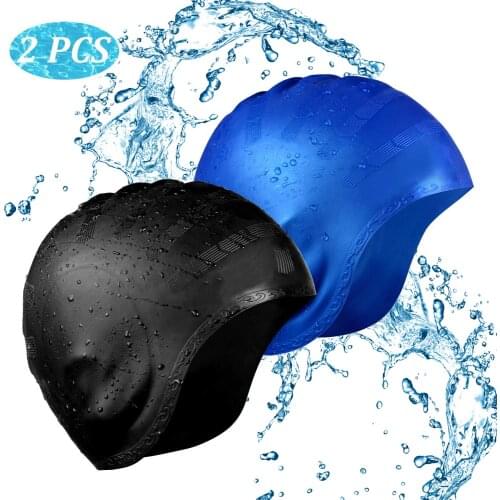 2 Pack Swimming Cap Silicone Waterproof Swim Caps Long Hair Latex Pool Hat with Ear Cover Protect for Men Women Adult Kids