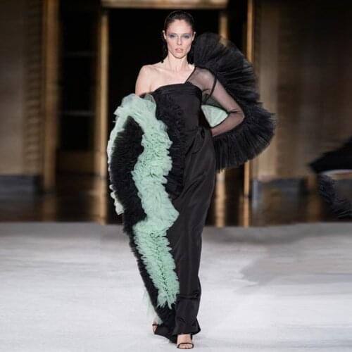 Chic 2021 New Black And Mint Green Ruffles Tulle Straight Formal Party Dresses One Shoulder Long Prom Gowns