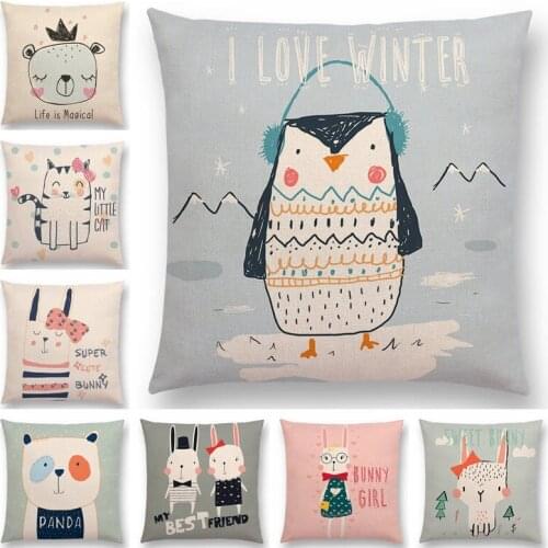 Cute Cartoon Animals Forest Nature Bear Rabbit Cat Penguin Lion Tiger Bee Happy Good Cushion Cover Sofa Nice Pillow Case