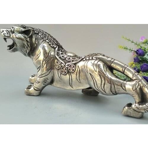 Antique Old QingDynasty Silver Statue,Large Tiger sculpture,hand carved crafts,best collection&adornment,free shipping