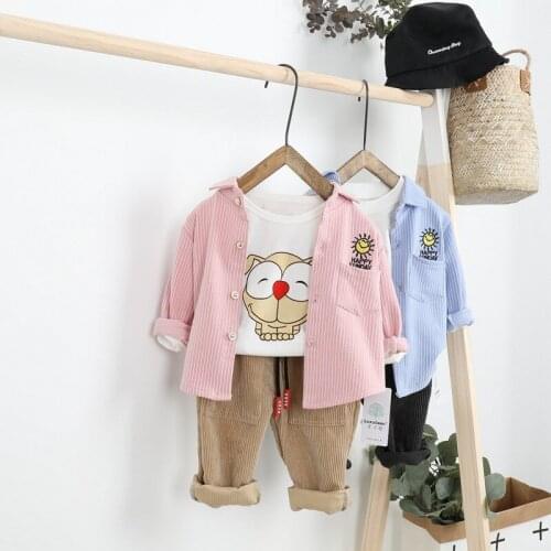 2019 Spring Striped Shirt + Corduroy Pants Set Small Childrens Casual Two-piece Suit