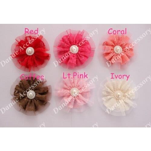 Vintage Lace Tulle flower pearl Flower Frilly Hair Flowers perfect for girl Hair Accerssiory flat back 18colors