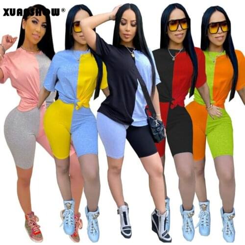 XUANSHOW Tracksuit Female Summer New Arrival Short-sleeved and Pants 2 Piece Ladies Stitching Color Two-piece Set Ensemble Femme