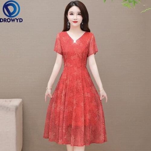 Women Summer Beach Style Red Chiffon A-Line Dresses New Lady Casual Short Mesh Sleeve V-Neck Chiffon A-Line Dress Party Vestidos