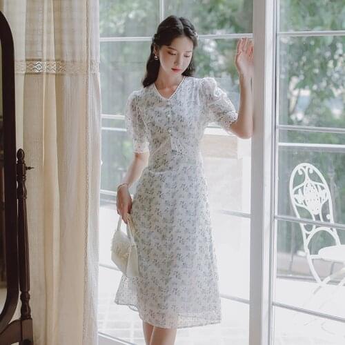 Womens V-neck Floral Maxi Dress Sweet Summer Lace V-neck Chiffon Print Robe Femme Puff Sleeve French First Love Dress