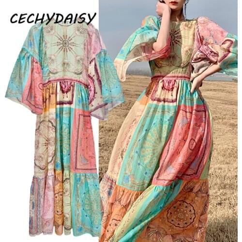 Runway 2021 Spring Summer Dress Women Designer Brand High Quality Vintage Loose Casual Bohemian Boho Beach Party Maxi Dresses Za