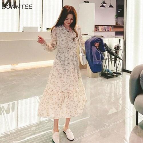 Long Sleeve Dress Women Floral Ruffles White A-Line Mid-Calf Korean Sweet Vintage Style Office Lady Elegant Streetwear Fashion