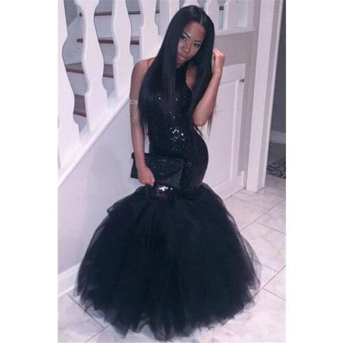 Black Prom Dresses Mermaid Halter Tulle Sequins Sparkle Backless Sexy Long Prom Gown Evening Dresses Robe De Soiree