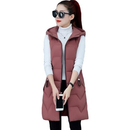 2020 Womens Cotton Vest Mid-long Slim Fit Winter Hooded Vest Feather Cotton Jacket Warm Female Jacket Plus Size 3XL