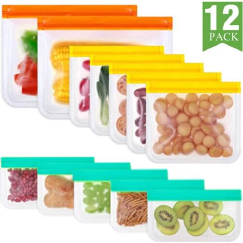 12Pcs/set Of Silicone Food Bag Reusable Fresh-keeping Bag Fruit And Vegetable Sealed Bag Leak-proof Food Storage Ziplock Bag