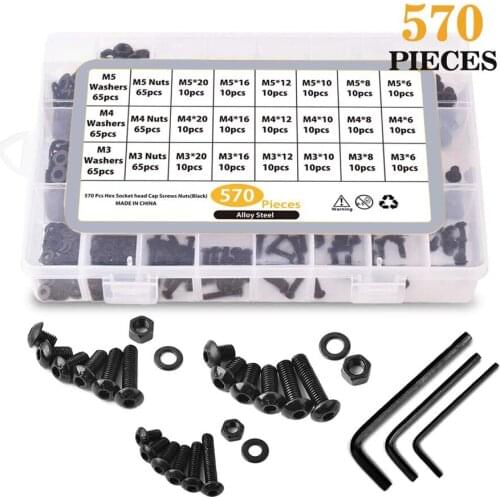 570 Pcs High Quality M3 M4 M5 Alloy Steel Hex Socket Button Head Cap Nuts Flat Washers Kit Black Screw Assortment