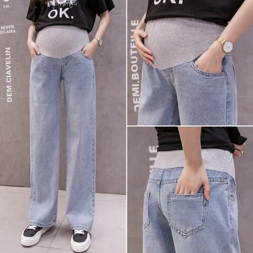 6609# Autumn Denim Maternity Full Long Jeans Wide Leg Loose Elastic Waist Belly Straight Pants Clothes for Pregnant Women Casual