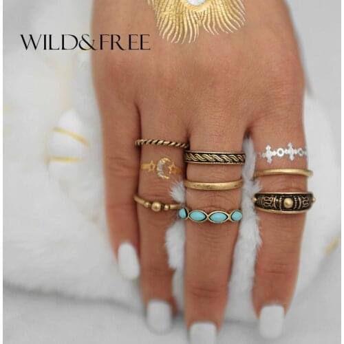 7Pcs/Set Boho Stone Knuckle Rings Vintage Tibetan Geometric Gold Color Ring Set for Woman Girl Fashion Anillos Punk Jewelry Gift