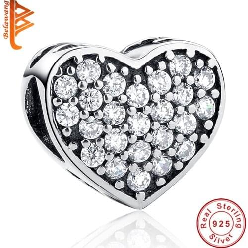 BELAWANG Pure 925 Sterling Silver Heart Zircon Bead Forever Friends Charms Fit Original Bracelet For Women DIY Jewelry Accessory