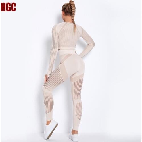 Seamless Fitness Suit Women 2 Piece Set Long Sleeve Shirts Yoga Leggings Mesh Breathable Running Sportwear Gym Workout Outfit