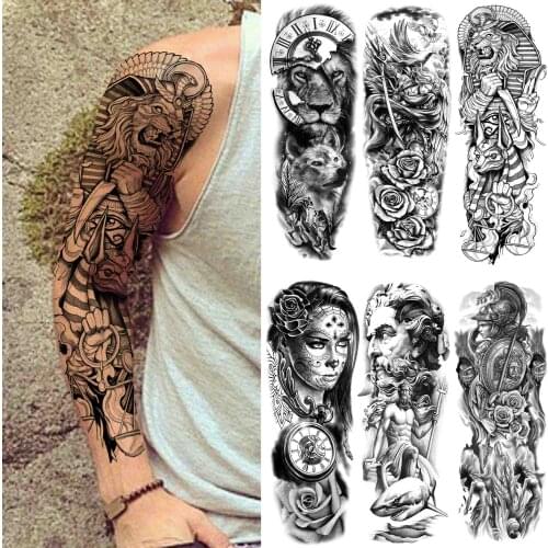 Large Lion Full Sleeve Temporary Tattoos For Men Women Black Clock Soldier Tattoo Sticker Sleeve Fake Flower Body Art Arm Tatoos