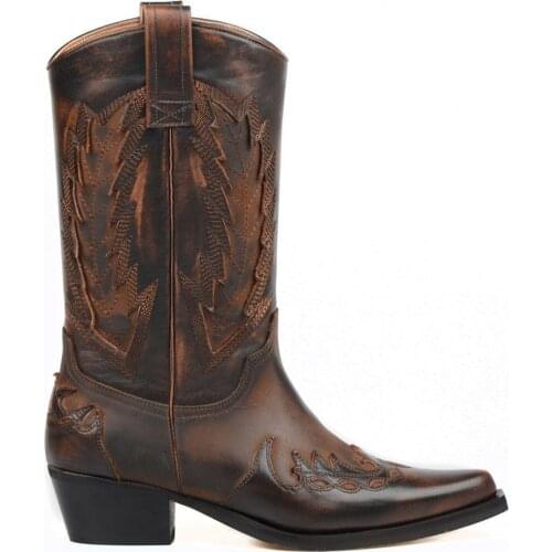 FootCourt- Brown Genuine Leather Texas Cowboy Boots for Women Mid-Calf Boots Pointed Toe Fashion Ladies Shoes Casual female