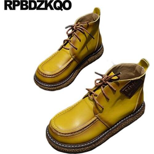 Yellow Creepers Ankle Front Lace Up Casual Boots Autumn Japanese Muffin Women Shoes Flatform Platform Booties Genuine Leather
