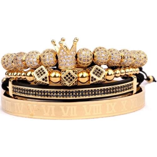 Gold Bracelet 4pc/set Men Luxury Bracelet CZ Crown Braided Micro Pave Cubic Zirconia Stainless Steel Beads Bracelet Jewelry Men