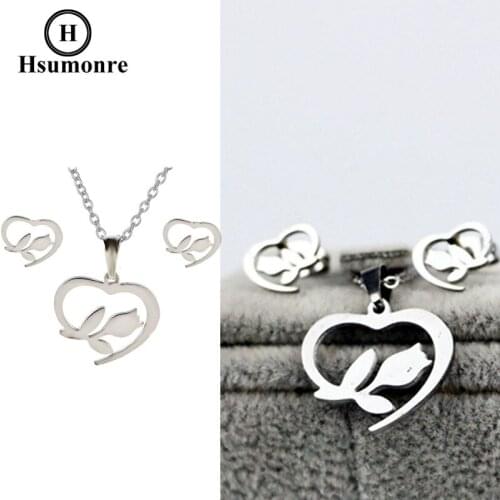 Hollow Flower Necklace Earrings Set Rose Love Necklace Charm Pendant Best Gift Mother Girlfriend Silver Color Stainless Steel
