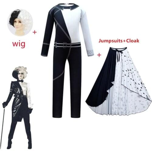 New Movie Evil Madame Cruella De Vil Cosplay Costume Baby Girls Black Jumpsuit Cloak Wig Halloween Party Costume Children Suits