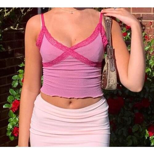 Lace Patchwork E-girl Y2K Top Women Summer Sexy Backless V-neck Short Camisole Casual Spaghetti Strap Solid Camis Cuteandpsycho