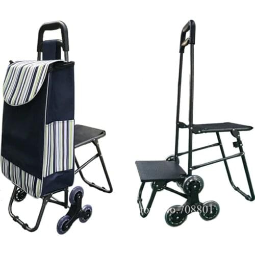 Stair Climbing Multi-purpose Fold Utility Cart with Built-In Seat for Laundry, Grocery, Shopping, Home Trolley with Fold Chair