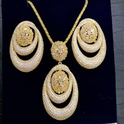 Blachette Trendy Luxury Exclusive Circle Necklace Earrings Sets For Women Wedding Party Bridal Full Cubic Zirconia High Jewelry