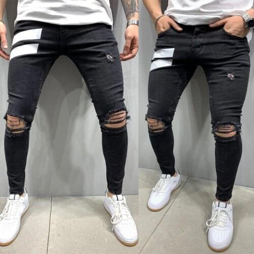 Mens Ripped Jeans Stripe Destroyed Design Hip-hop Pencil Pants Skinny Men High Quality Jogging Streetwear Jeans