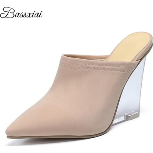 Stretch Fabric Point Toe Runway Mules Lady Clear Crystal High Wedges Slingbacks Lazyman Outwear Sandals Women Summer