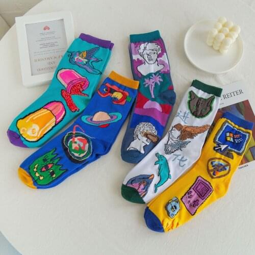 Streetwear Fashion Harajuku Female Socks Spring Summer Colorful Cotton Skateboard Socks Men Trendy Pattern Funny Happy Sock Sox