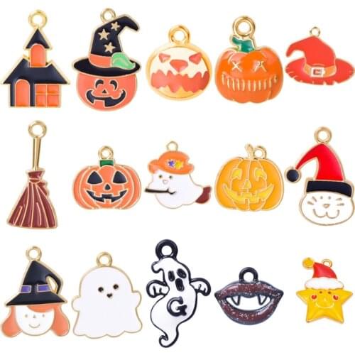 2021 New Halloween Charm Pendant 15pcs Mix Cute Enamel Pumpkin Charms For Jewelry Making Necklace Holiday Accessories Handmade