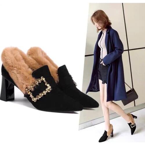 Pointed hair shoes womens 2020 new hundred set sexy outer wear thick heel single shoes high heel plus velvet womens shoes