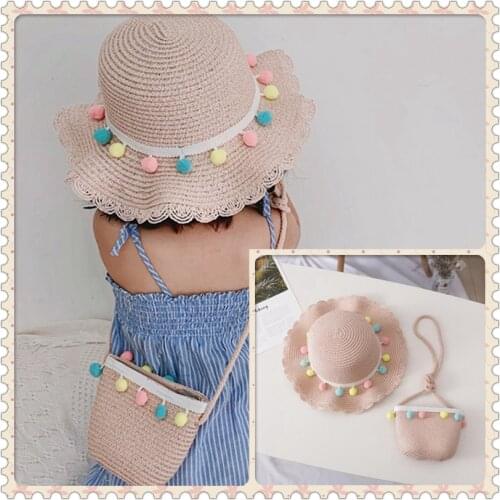 Child Summer Beach Sun Hats for Children Girls Straw Bucket Hats Travel Cap Kids Big Brim Pompom Casquette Protection Hats New