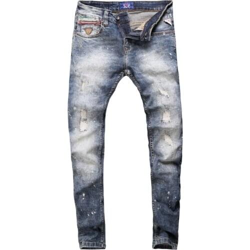 Punk Ripped Jeans Men Fashion Streetwear Men Jeans Slim Fit Patchwork Designer Pants Retro Wash Hip Hop Jeans Homme