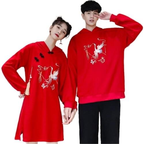 Matching couple Hoodies Sweatshirts Hot Sales Male Female Lovers Clothes Holiday Valentines Date Casual Loose Hoodie Dress Red