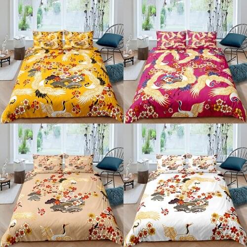 Home Textiles Luxury 3D Crane Flower Print Duvet Cover Set 2/3 Pcs Pillowcase Kids Bedding Set AU/EU/UK/US Queen and King Size