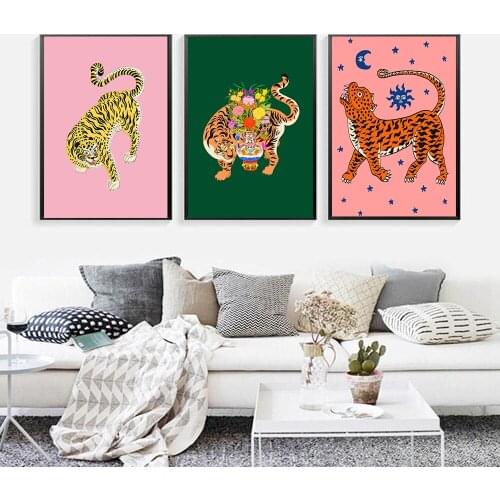 Nordic Abstract Wild Animal Tiger Good Luck Picture Pink Canvas Painting Wall Art Posters Print Interior Bedroom Home Decoration